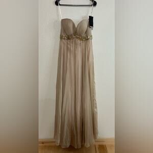 La Femme tan cream strapless pleated chiffon beaded prom dress NEW 8